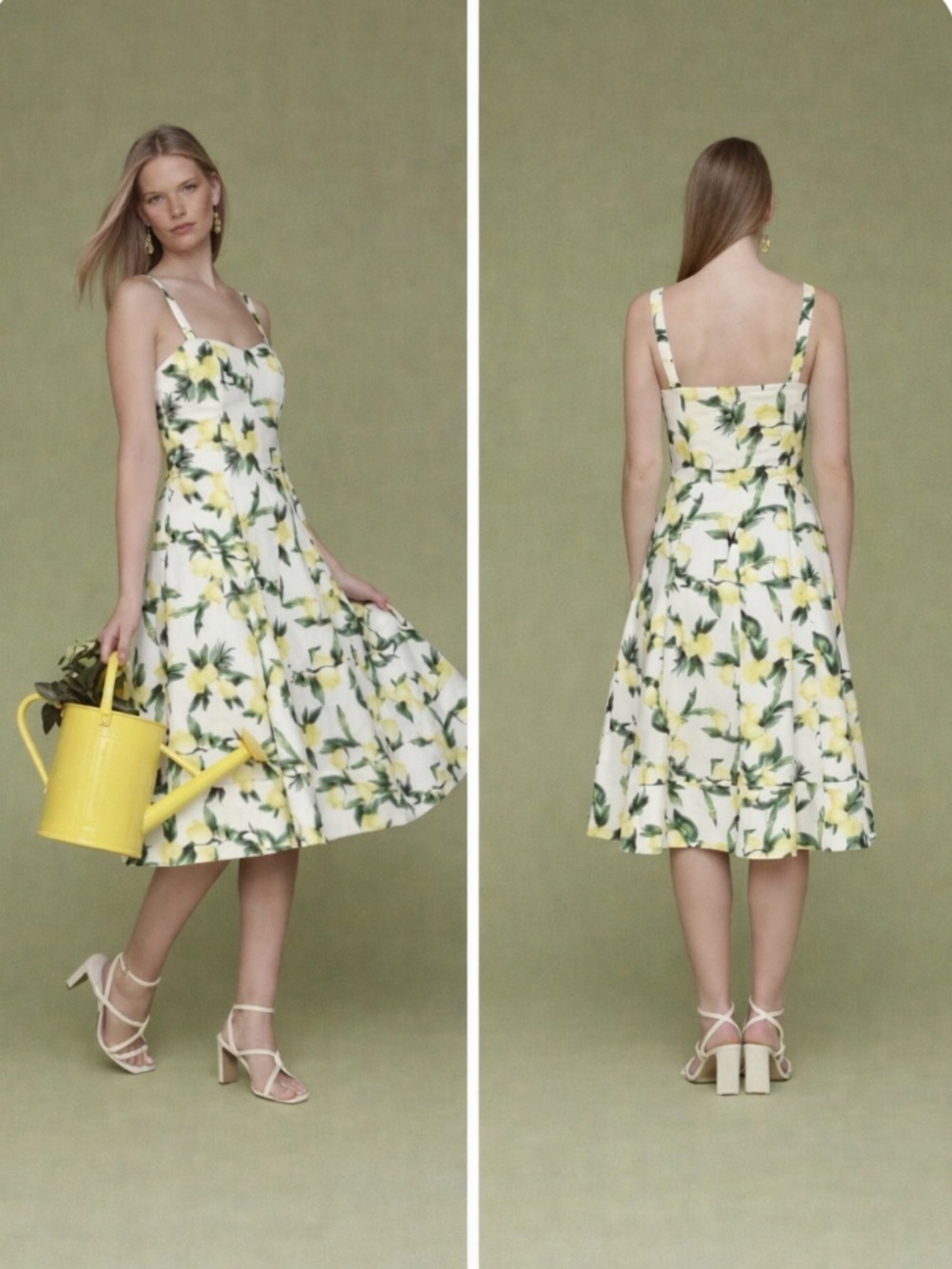 Avec Les Filles Lemon Dress Print Sweetheart Midi Dress Garden Girl  NWT Sz 10
